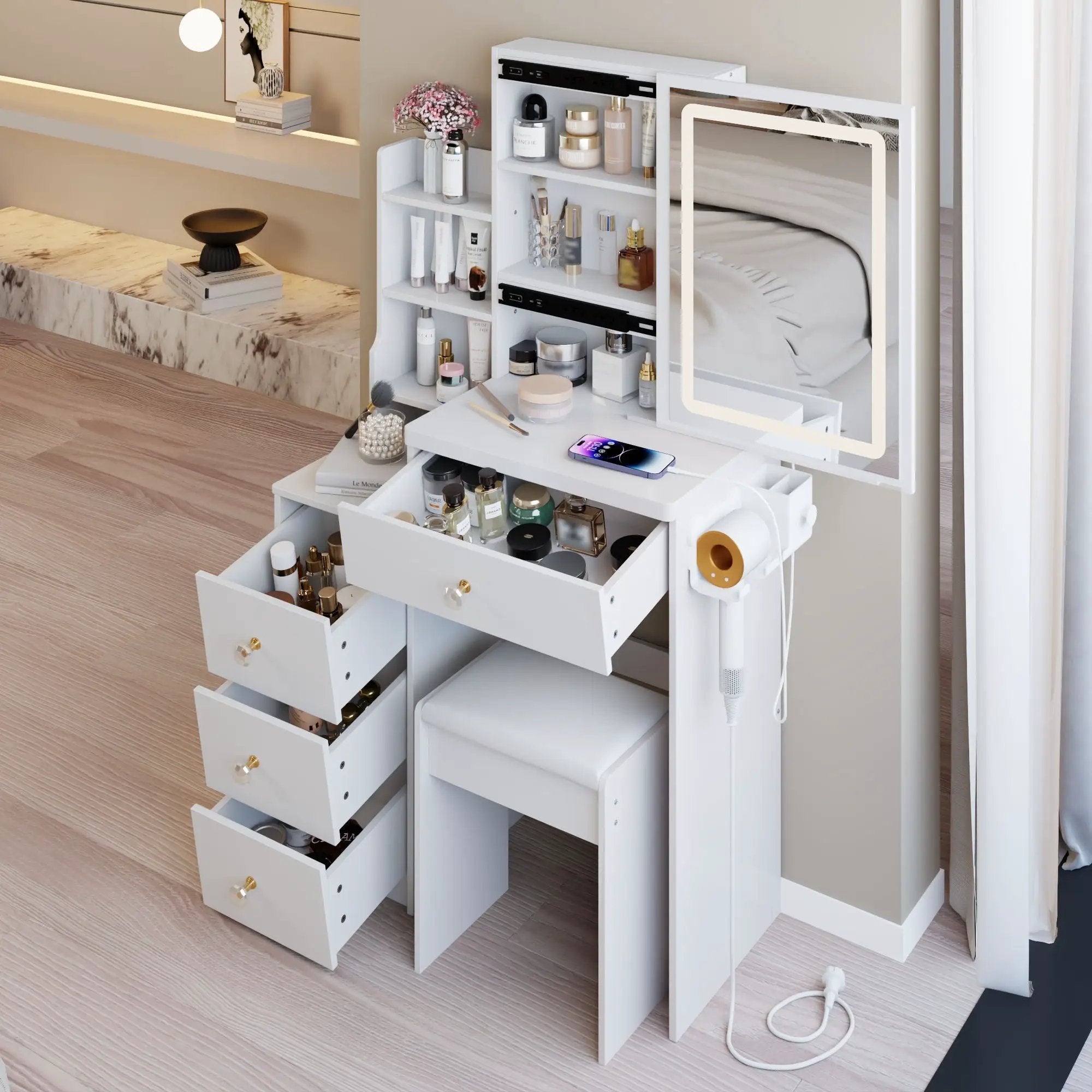 Cabinet Vanity Table & Cushioned Stool, USB Power Station, Hair Dryer Bracket - White by HouseOfZazla