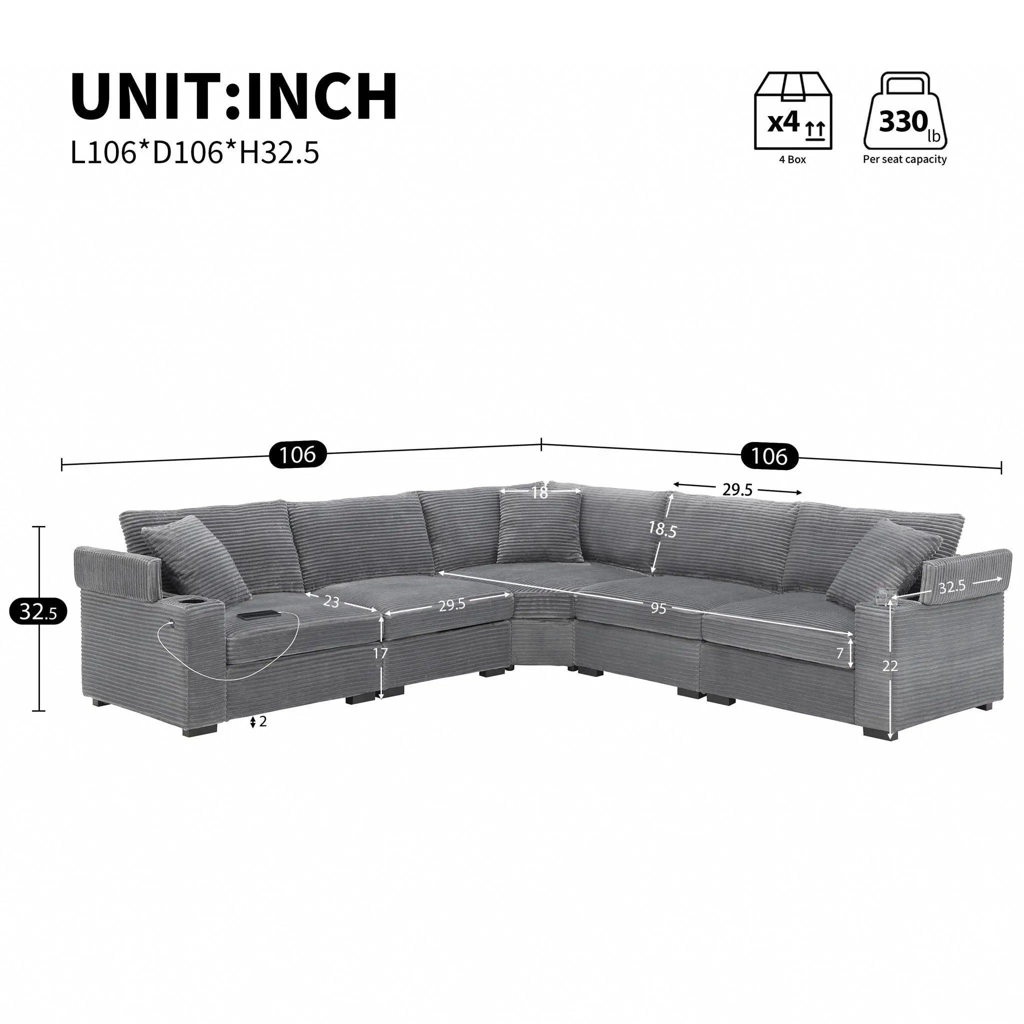 Convertible L Shaped Sectional Corner Couch With Armrest Storage Cup Holders USB Charger, Irregular Corner Oversized Comfy Modular Sofa by HouseOfZazla