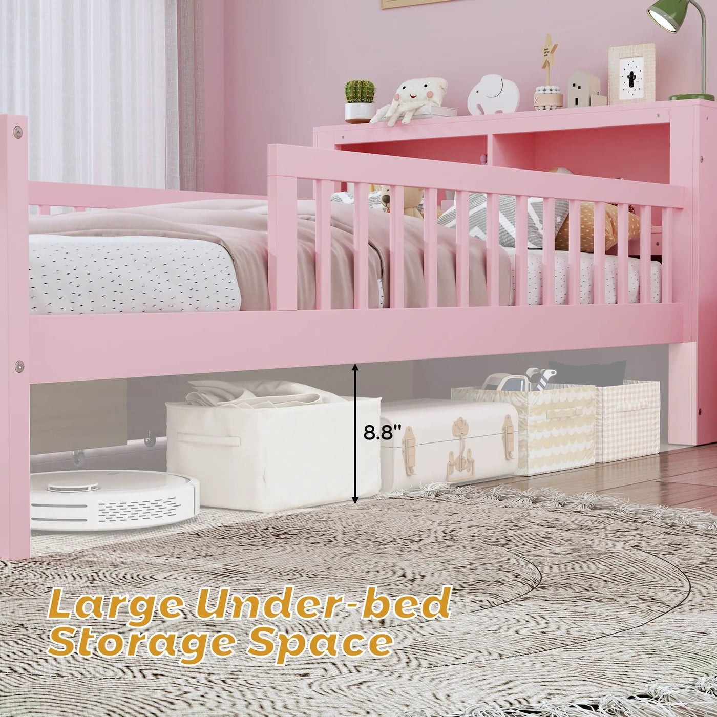 Bed With Headboard Storage Rack, 2 Under Bed Drawers, 3 Side Guardrails For Safety by HouseOfZazla