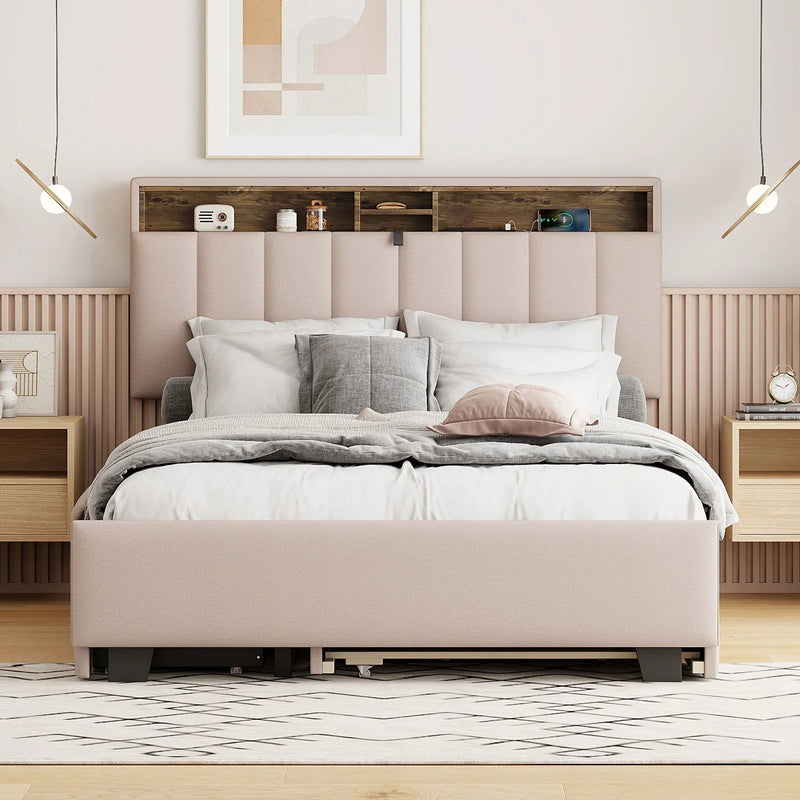 Upholstered Platform Bed With Storage Headboard, Trundle & 2 Drawers And A Set Of Sockets & USB Ports by HouseOfZazla
