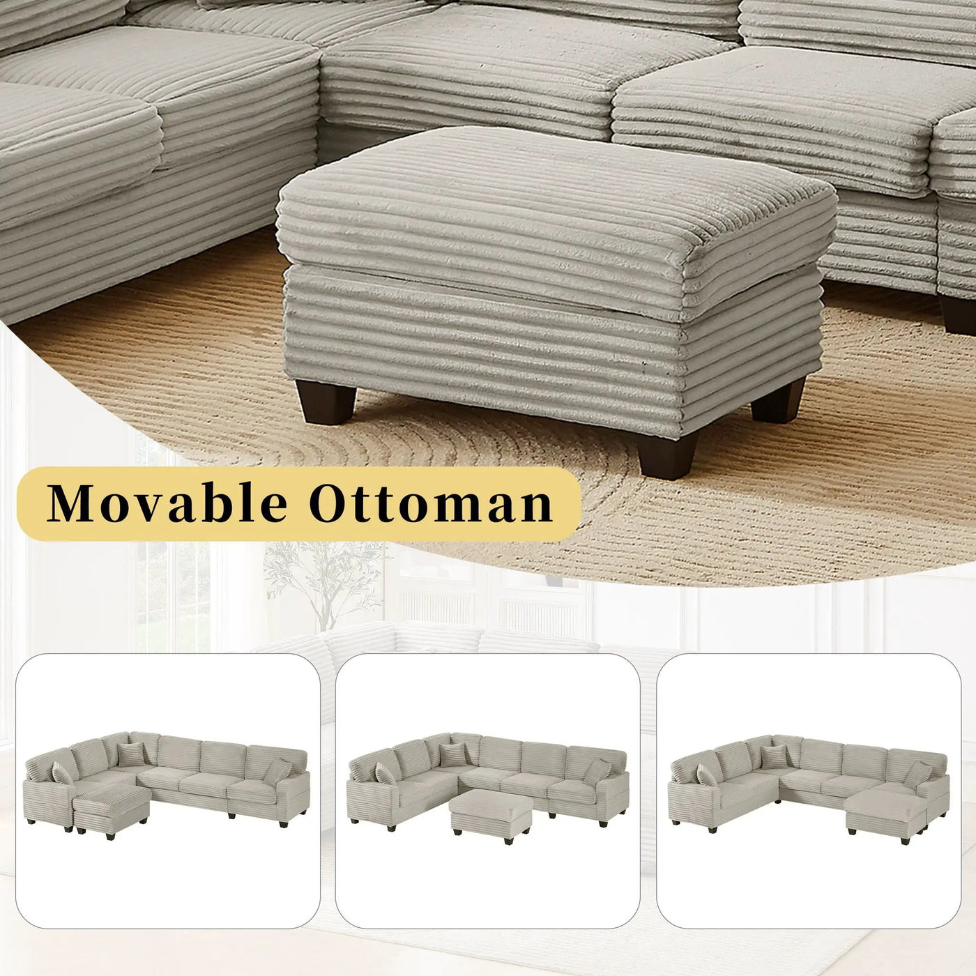 Upholstered U-Shaped Sectional Sofa With Movable Ottoman And Side Storage Pockets by HouseOfZazla