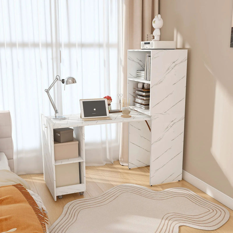 Stretchable Office Desk With Storage Shelves And Mobile Wheels, Foldable Design For Small Apartments - White Marble by HouseOfZazla