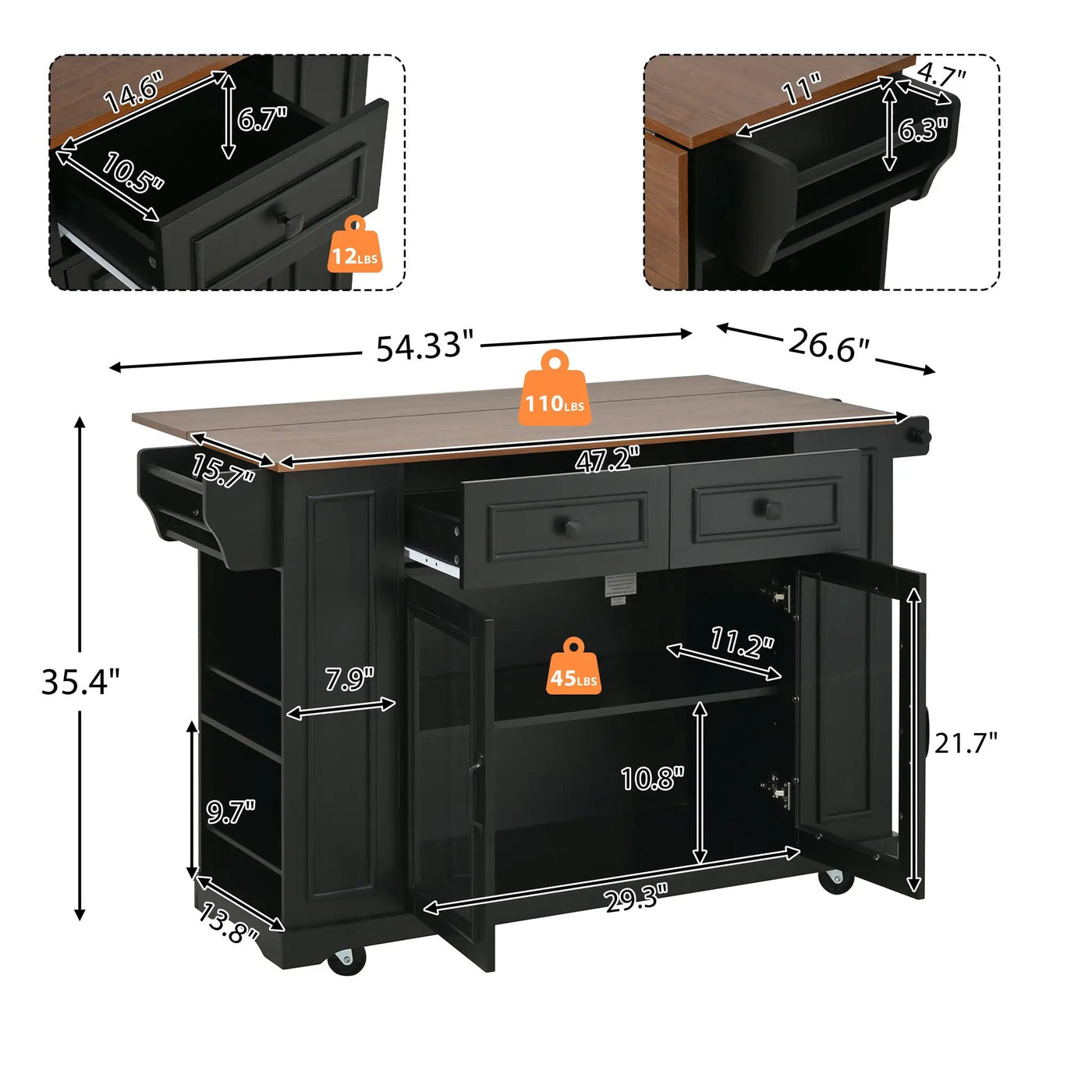 54" Mobile Kitchen Island with Glass Door Storage, Power Outlet & Rolling Cart by HouseOfZazla
