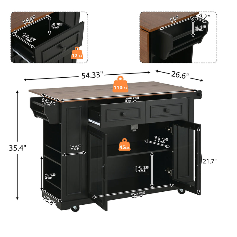 54" Mobile Kitchen Island with Glass Door Storage, Power Outlet & Rolling Cart by HouseOfZazla