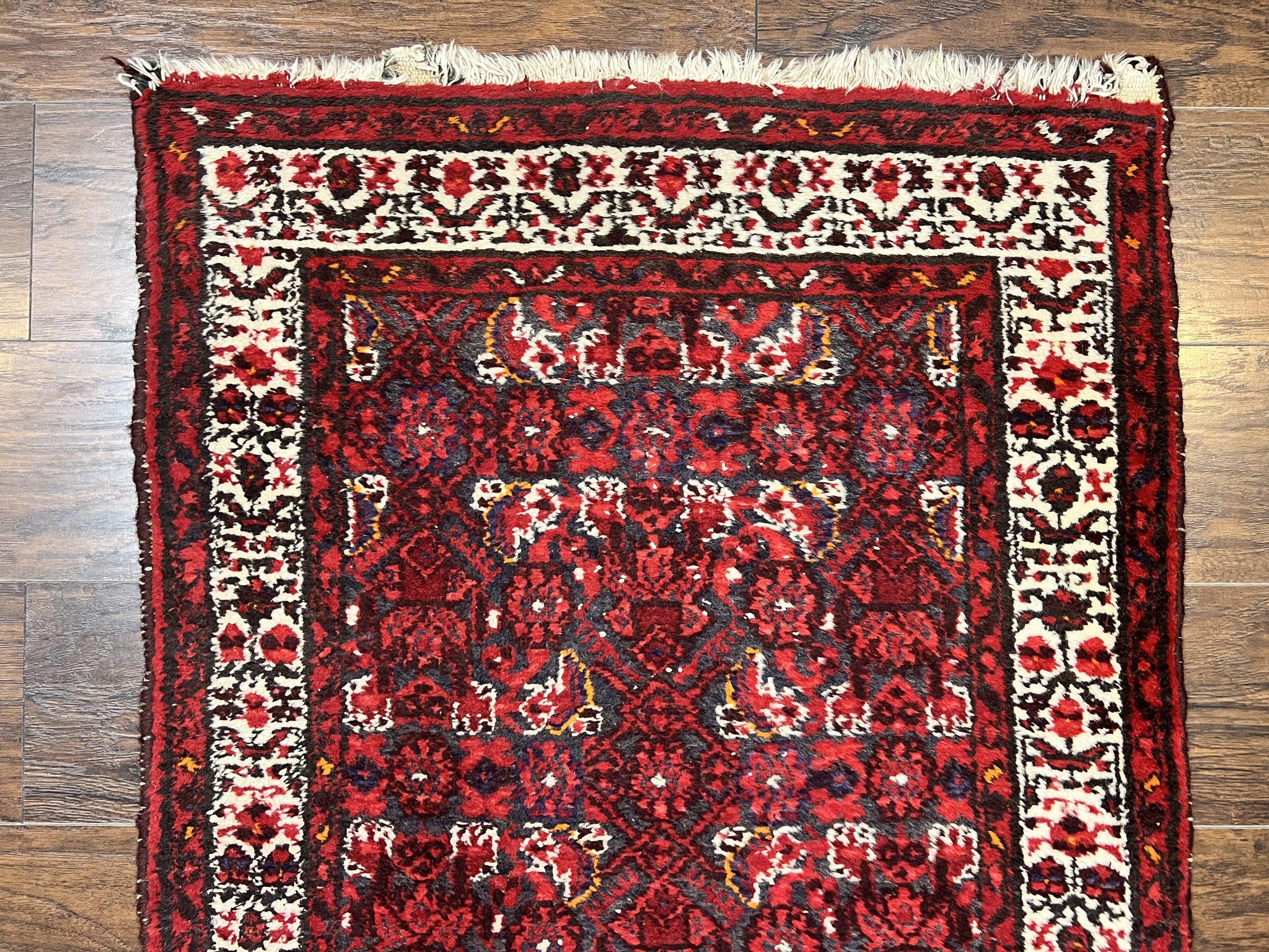 Persian Tribal Runner 3 x 9, Hamadan Dargazin Rug, Dark Blue and Red Wool Hand Knotted Hallway Rug, Vintage Antique Oriental Runner, 9ft Long Runner, Herati by Jewel Rugs