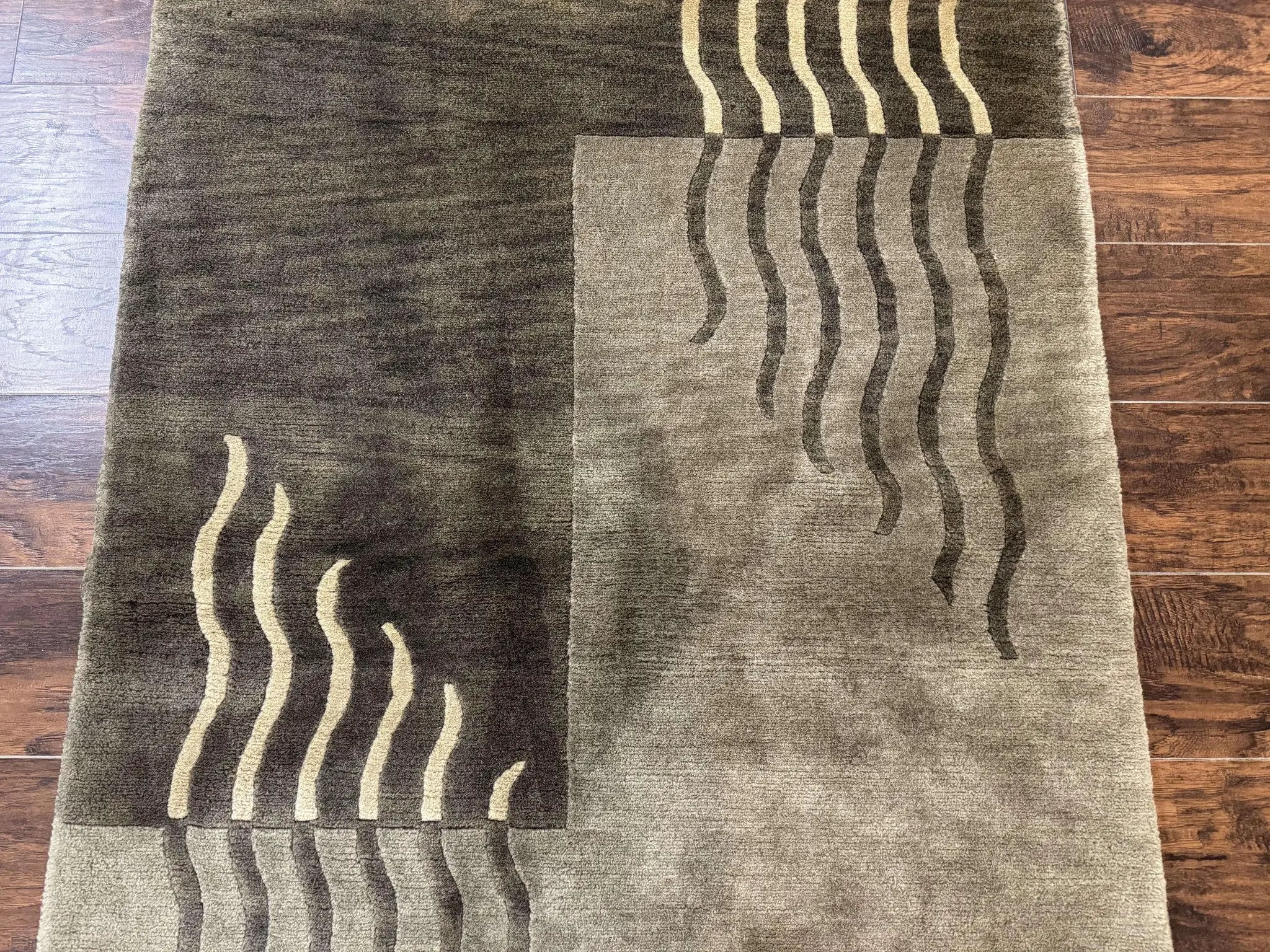 Modern Tibetan Wool Rug 3.6 x 5.6, Shades of Green, Abstract Design by Jewel Rugs