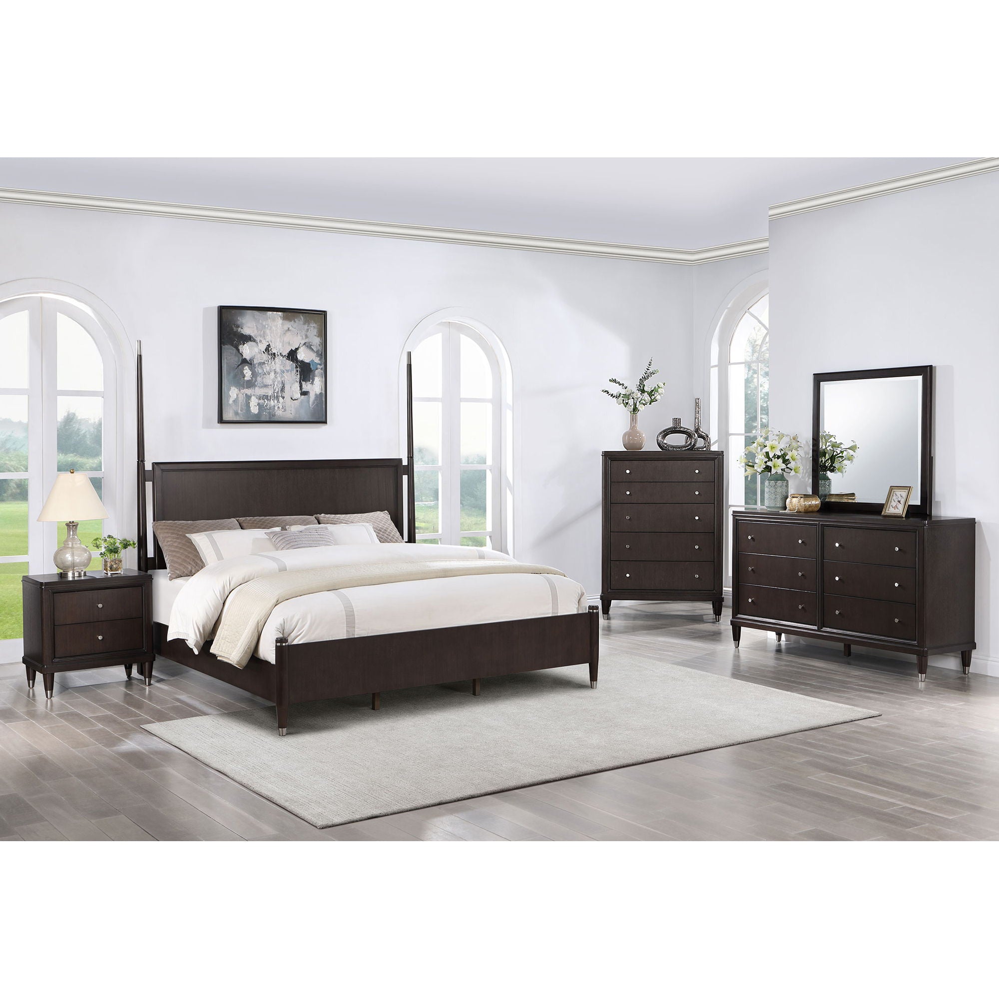 Niguel - Queen Size 4 Poster Bed With Finials, Floating Headboard - Brown by HouseOfZazla