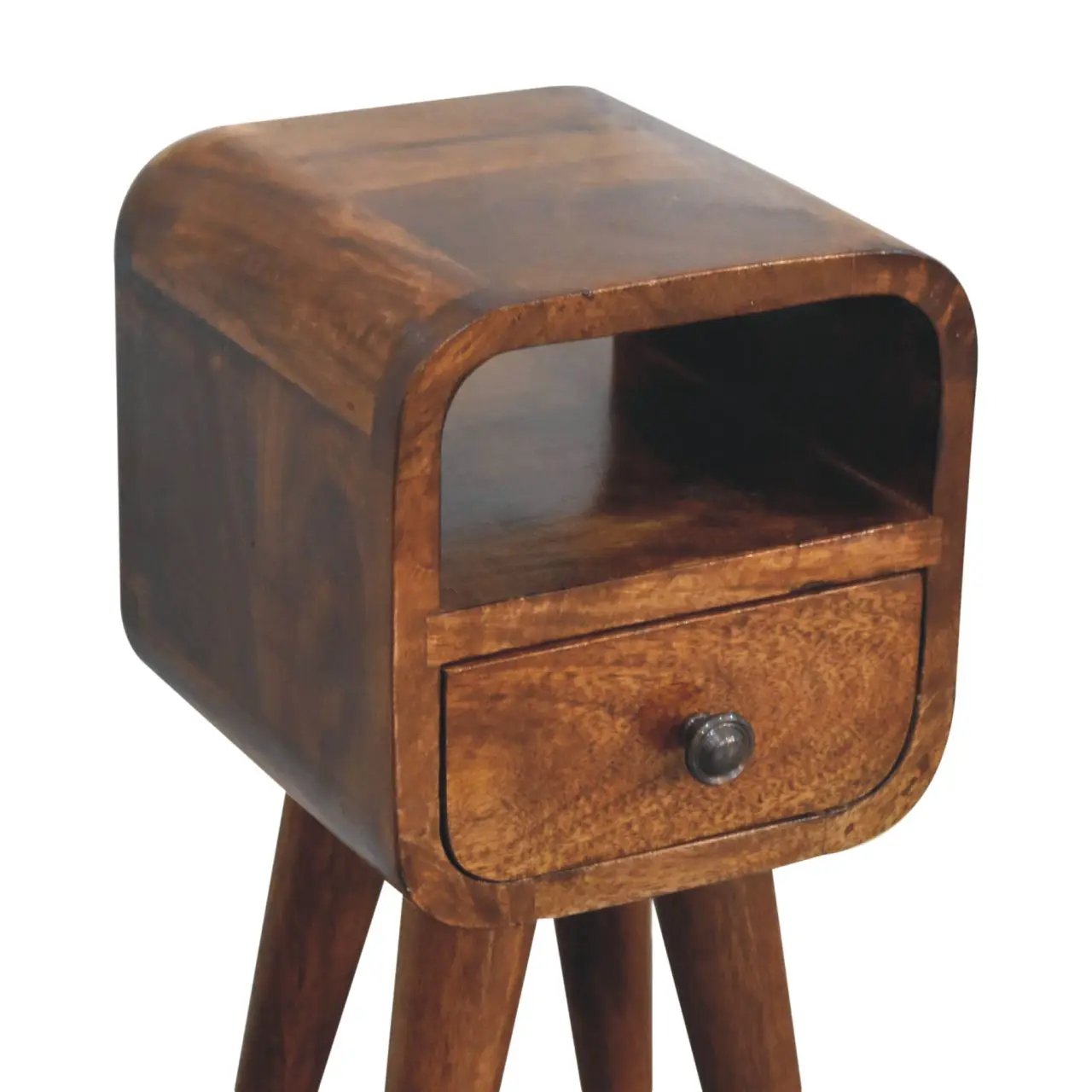 Solid Wood Extra Mini Curve Bedside, 1-Drawer, 1 Open-Slot, Chestnut by HouseOfZazla
