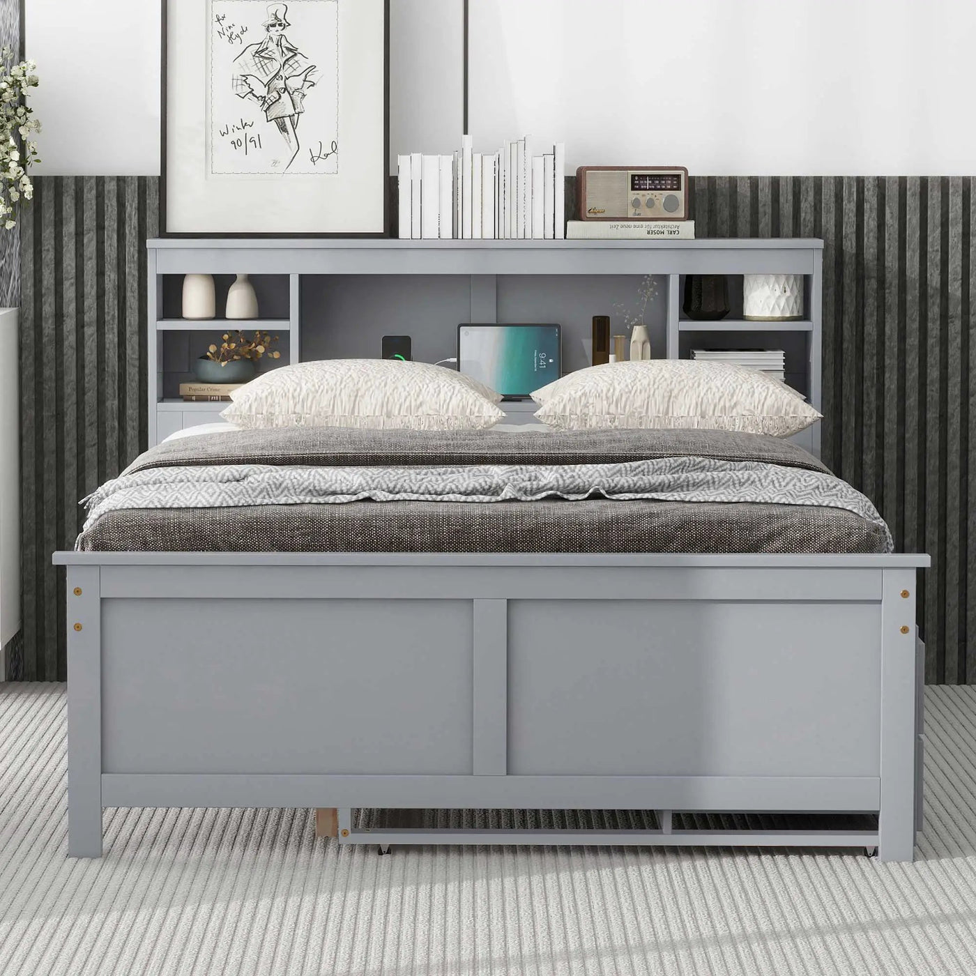 Platform Bed With Storage Headboard, USB, Trundle And 3 Drawers by HouseOfZazla
