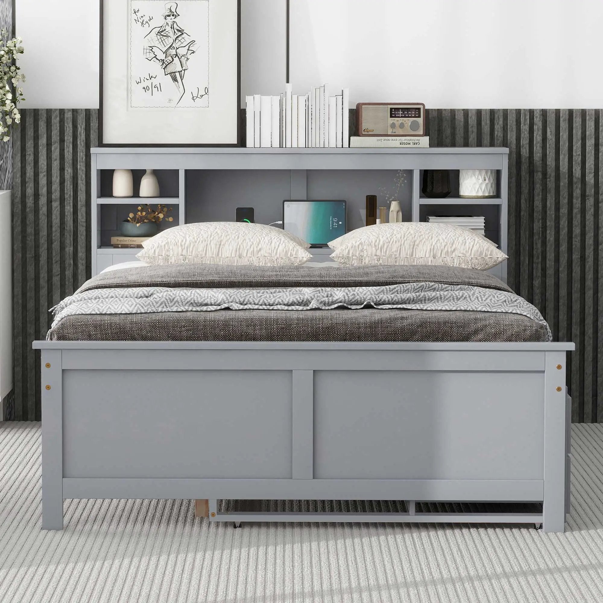 Platform Bed With Storage Headboard, USB, Trundle And 3 Drawers by Unique Piece Furniture