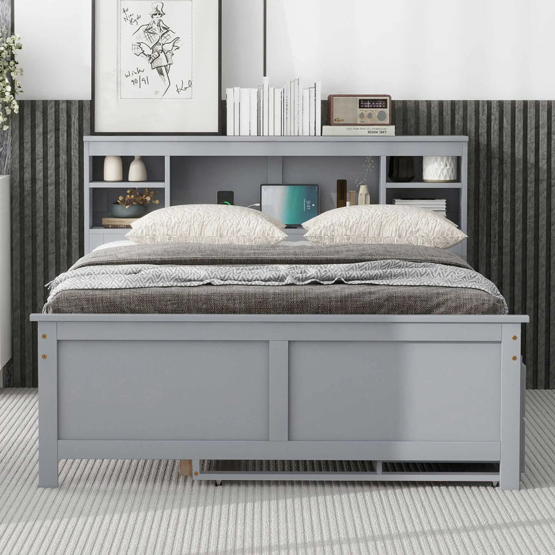 Platform Bed With Storage Headboard, USB, Trundle And 3 Drawers by Unique Piece Furniture
