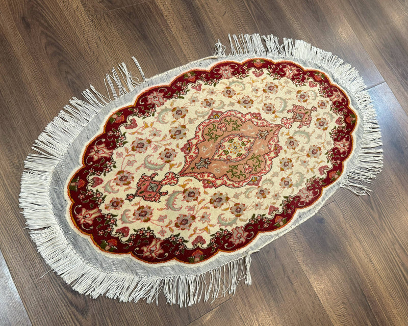 Small Oval Persian Tabriz Rug 2x4, Kork Wool and Silk Highlights, Fine 260 KPSI by Jewel Rugs