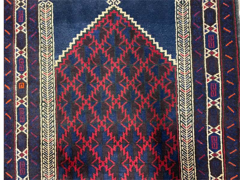 3x5 Vintage Handmade Tribal Wool Rug Balouchi Prayer Rug Afghan Rug Red Blue Wow by Jewel Rugs