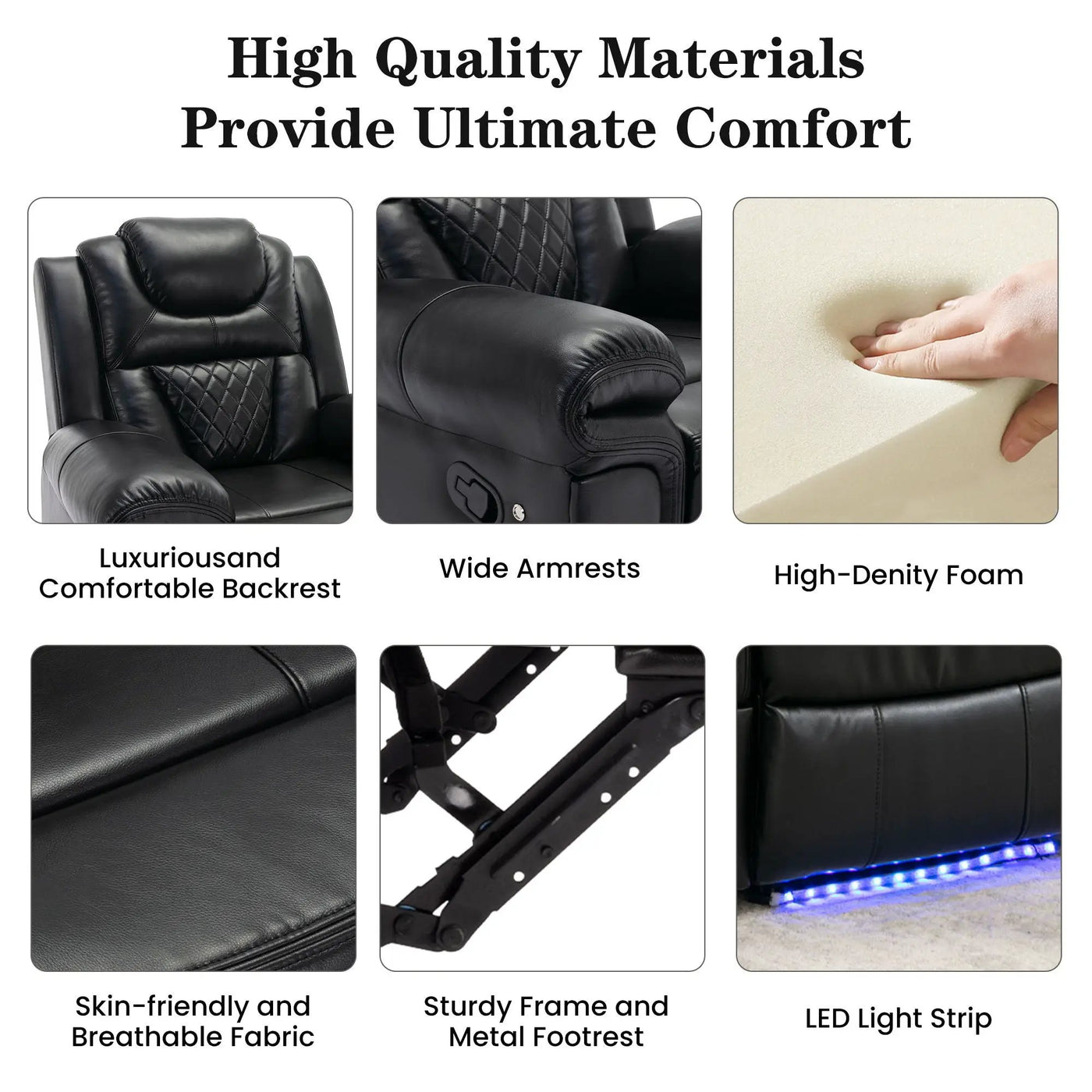 3 Pieces Recliner Sofa Sets Home Theater Seating Manual Recliner Chair With Center Console And LED Light Strip For Living Room by Unique Piece Furniture