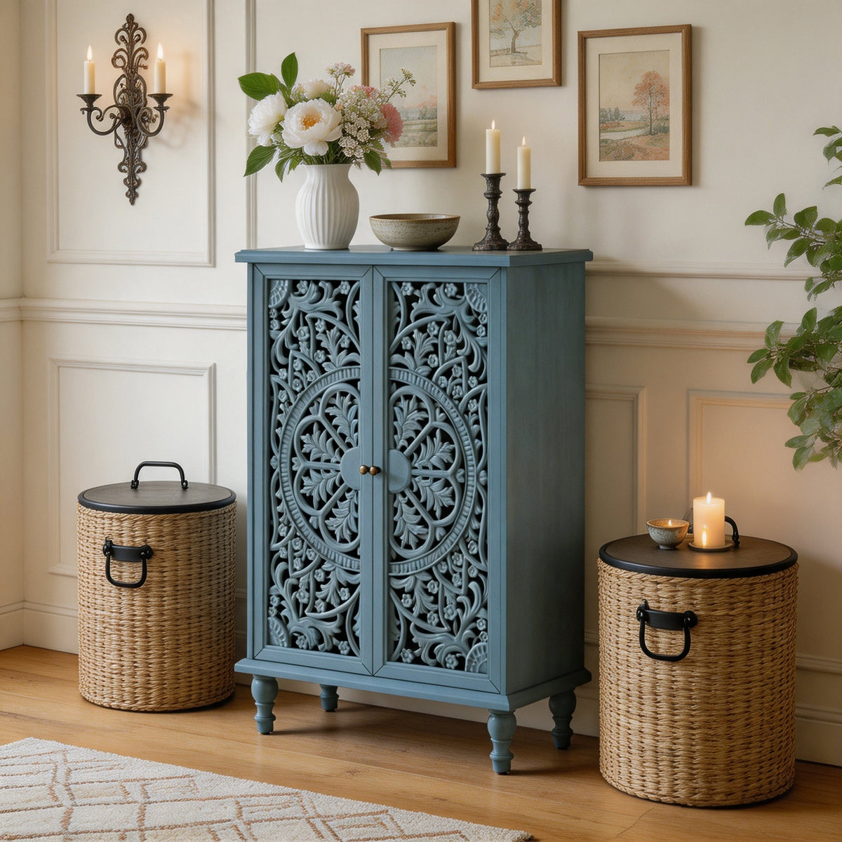 Farmhouse Accent Storage Cabinet, 2 Door Decorative Cabinet with Hollow Carved Doors, Adjustable Shelf, Freestanding Display Cabinet with Turned Legs for Entryway Living Room Dining Room,Antique, photo 3 of 10