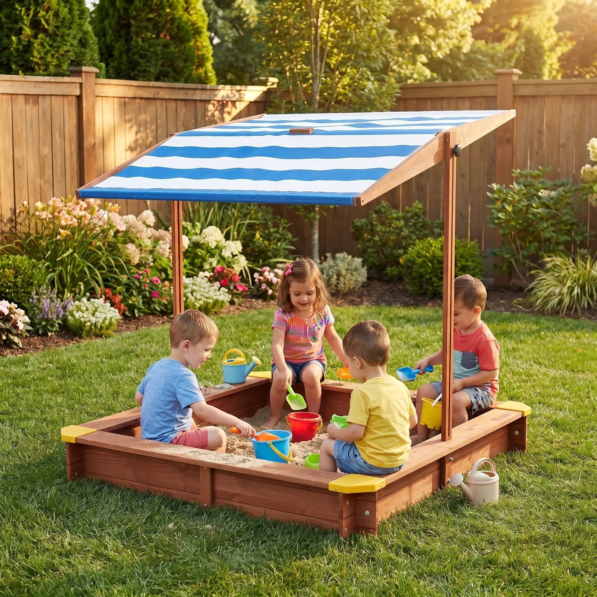 Kids Sandbox With Cover, Sand Box With Adjustable Canopy, Large Outdoor Cedar Sandpit For Backyard Play - Reddish Brown by HouseOfZazla