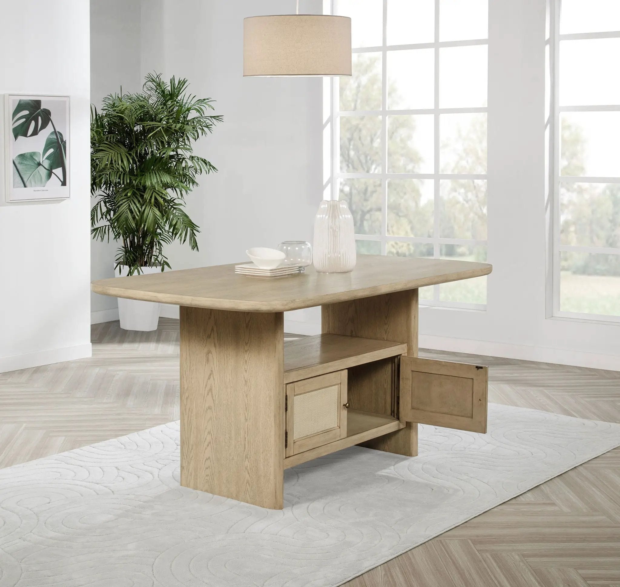 Kailani Cane Counter Height Storage Dining Table Beige Oak by Unique Piece Furniture