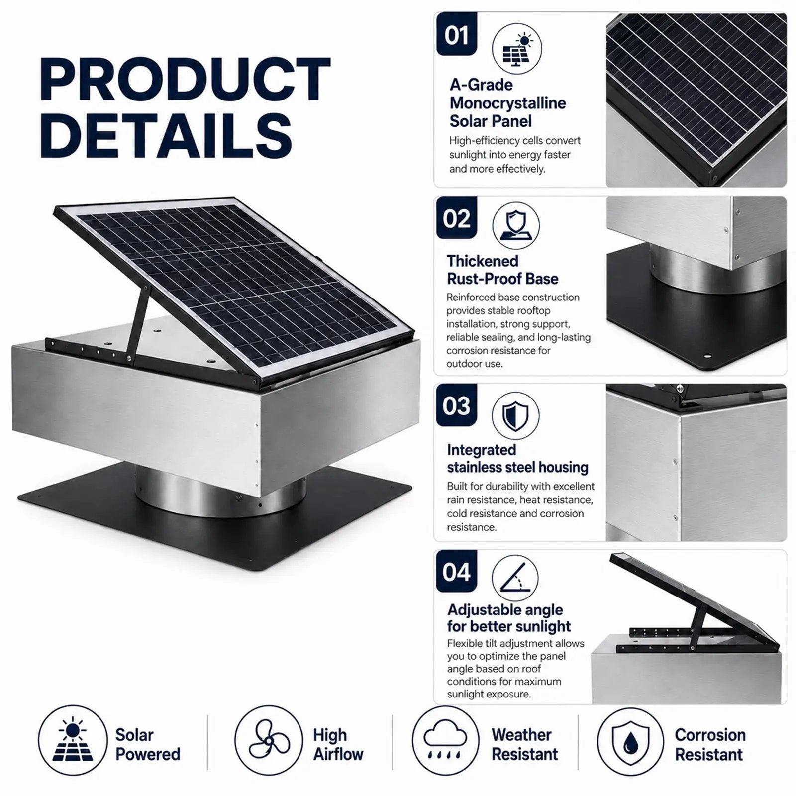 12" Stainless Steel Solar Roof Vent Fan, 40W Tilt Adjustable Solar Panel by HouseOfZazla