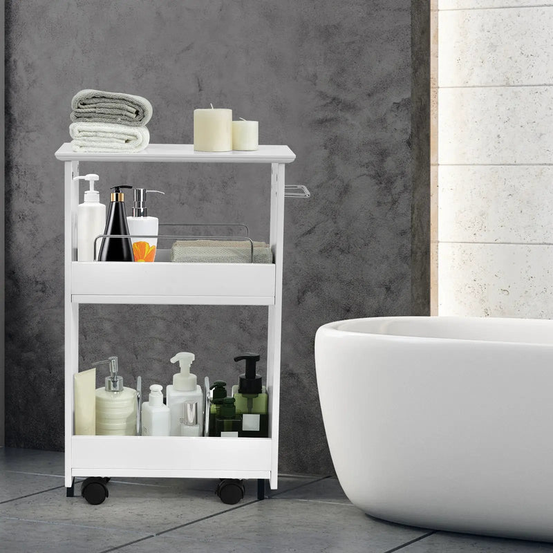 Slim Rolling 3-Tier Bathroom Mobile Shelving Cabinet wih Handle by DirectDeals