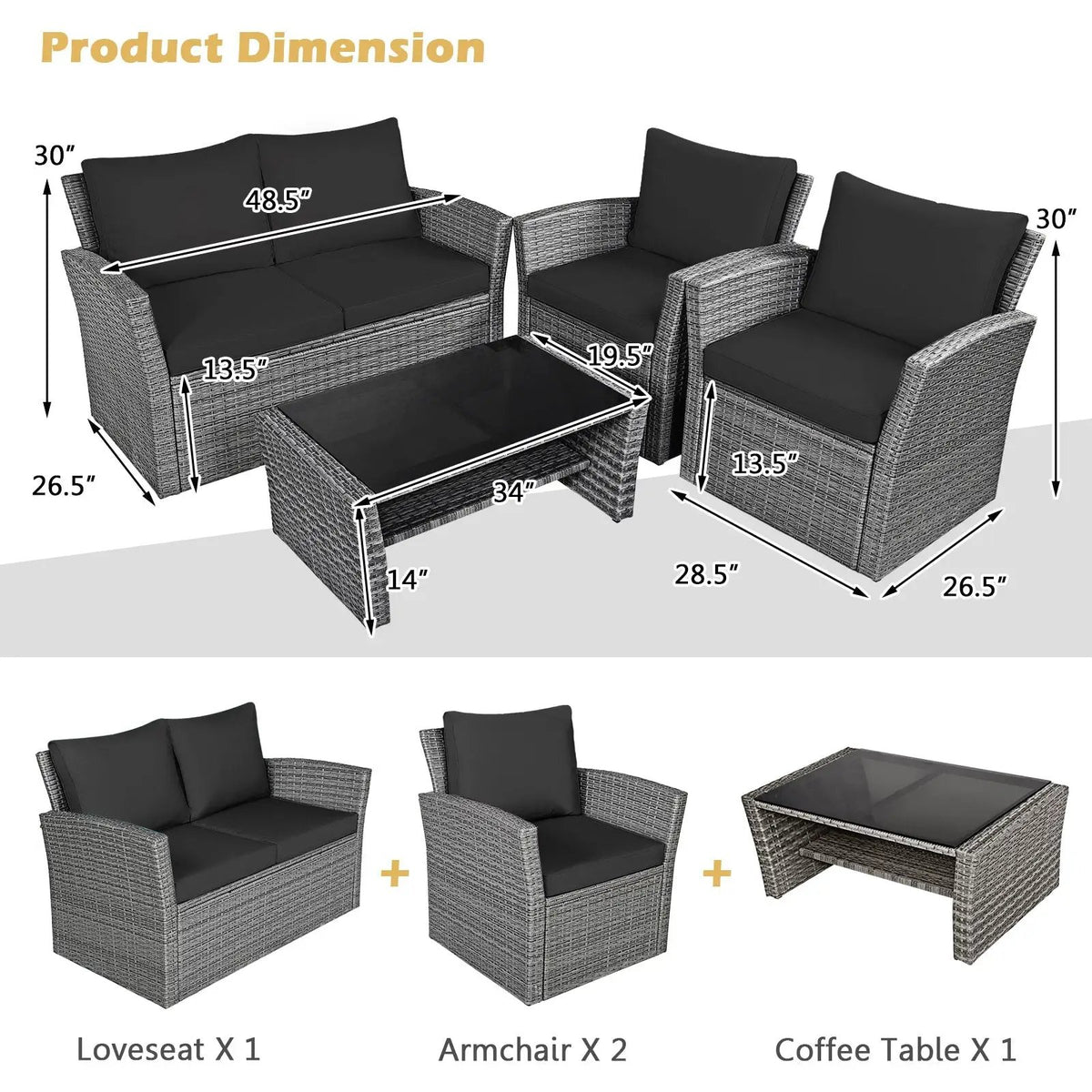 4 Pieces Patio Rattan Furniture Set Sofa Table with Storage Shelf Cushion by DirectDeals