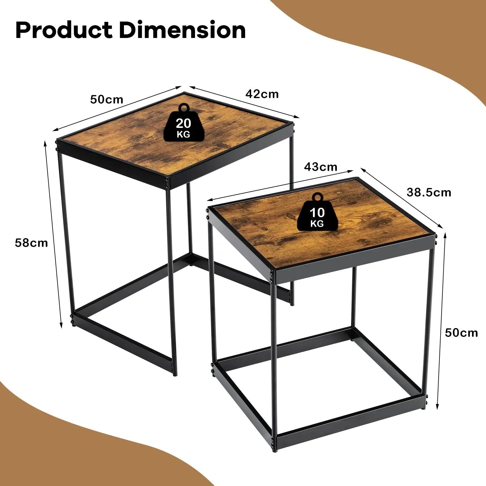 Set of 2 Modern Nesting End Tables with Metal Legs for Living Room-Rustic Brown by DirectDeals