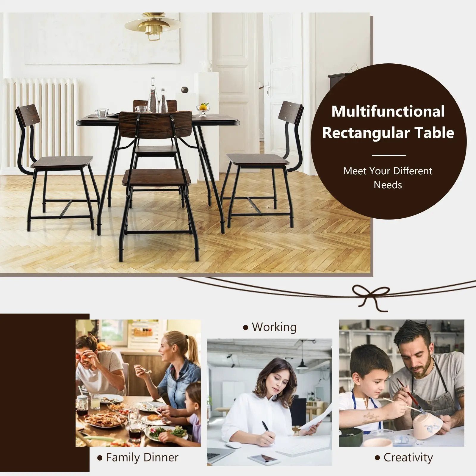 43 x 27.5 Inch Industrial Style Dining Table with Adjustable Feet-Rustic Brown by DirectDeals