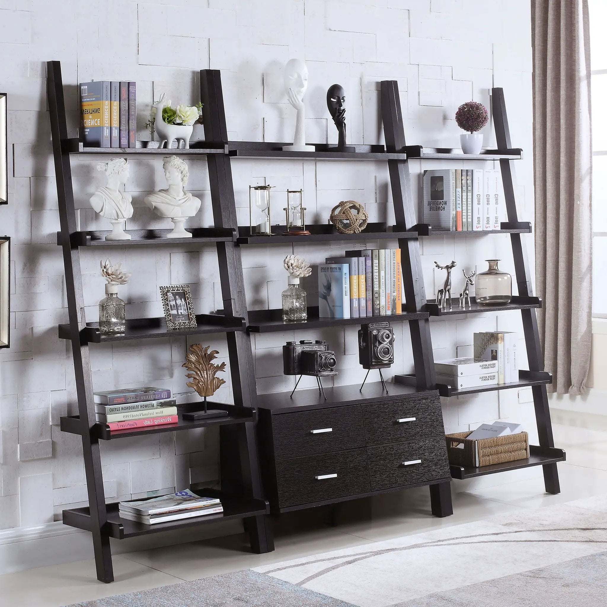 Shasta - 5 Shelf Ladder Bookshelf With Drawers - Cappuccino by HouseOfZazla