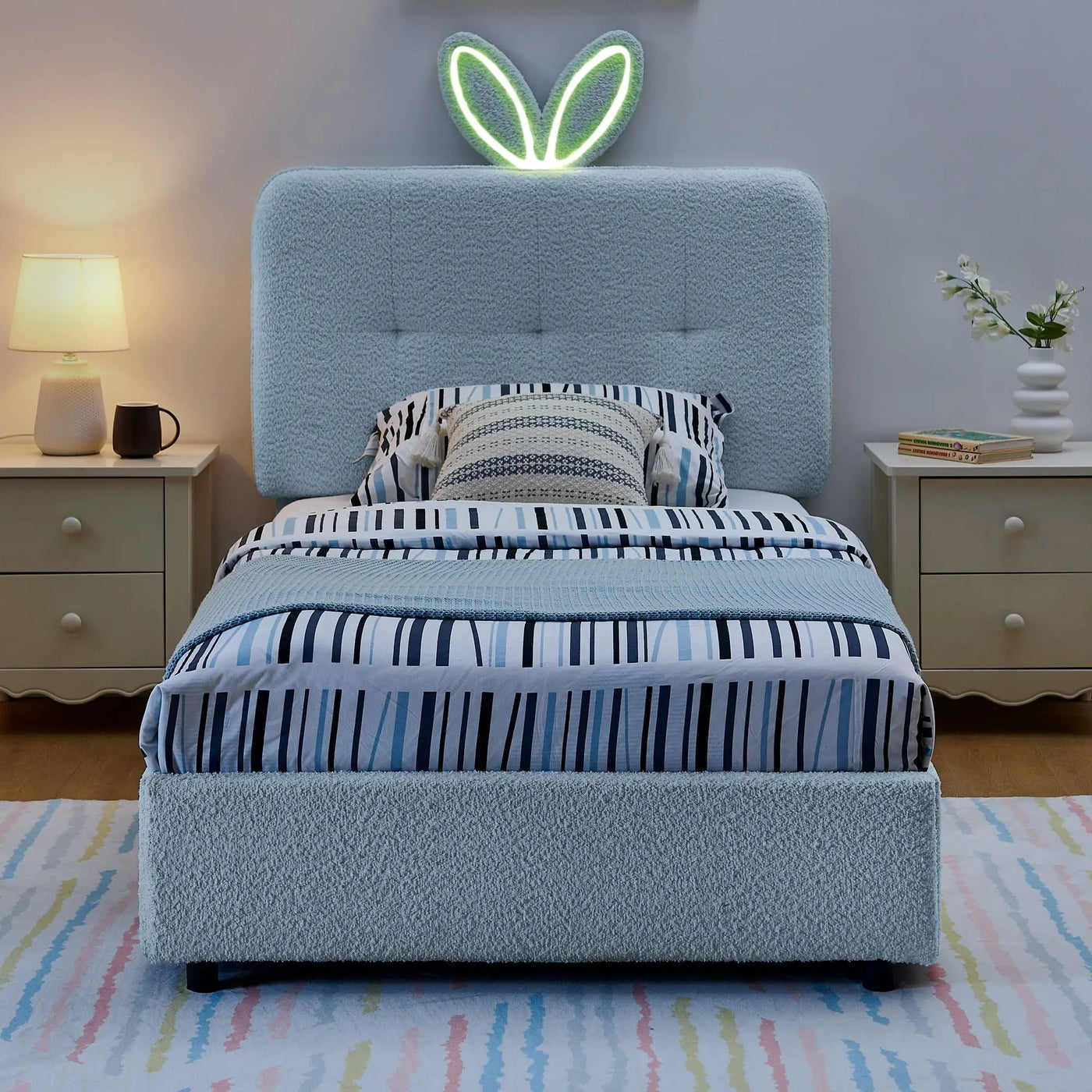 Upholstered Bed With Oversized Rabbit Ear Headboard, LED Lights & 4 Storage Drawers by HouseOfZazla