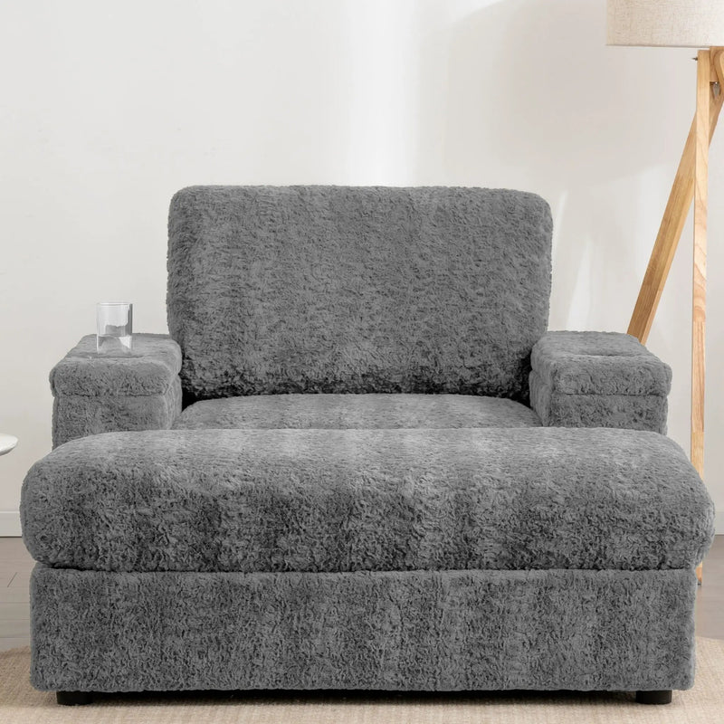 Oversized Chaise Lounge Indoor Rabbit Fur Sofa Bed With Storage Ottoman And Armrests Cup Holders With Deep Seat by Unique Piece Furniture
