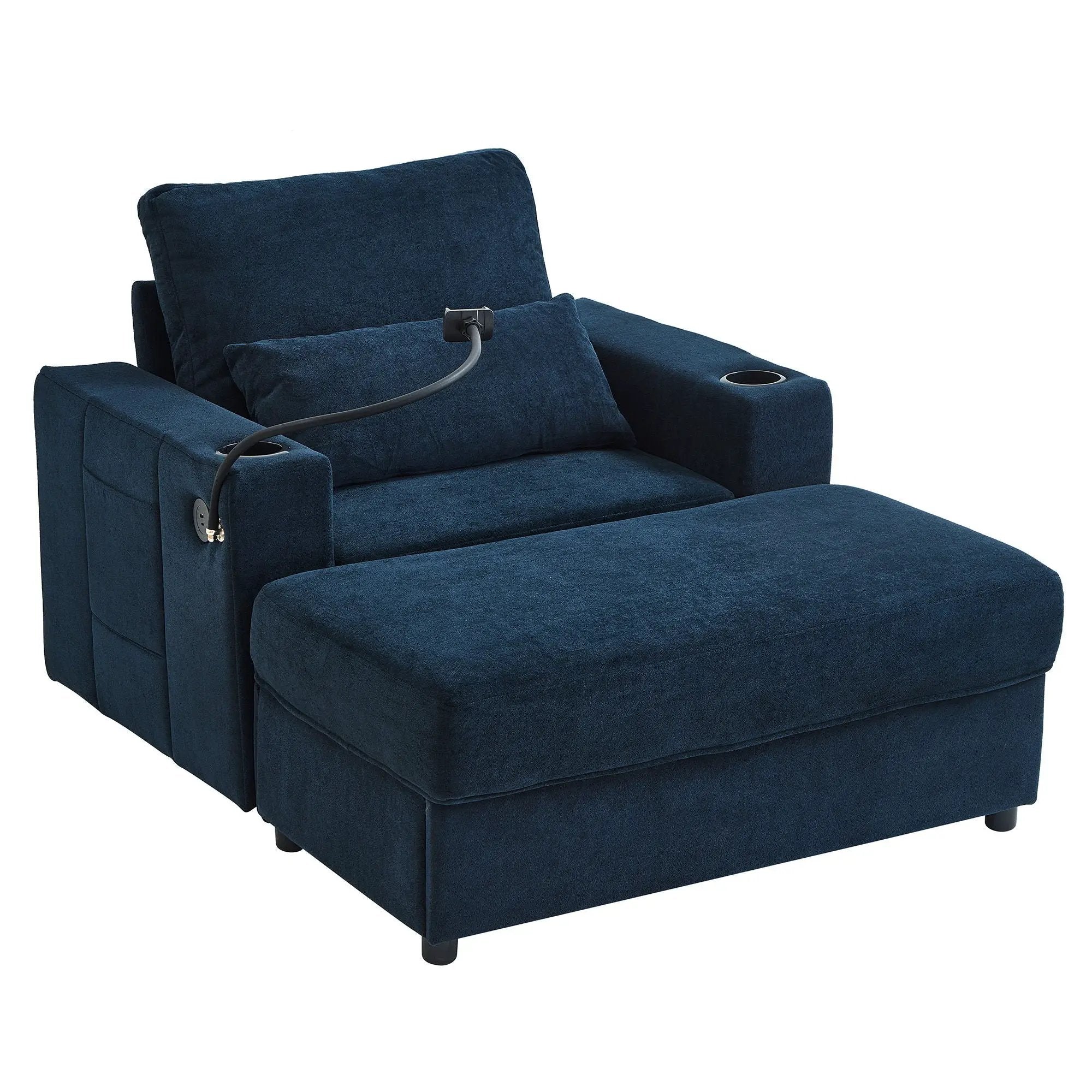 Modern Style Armchair Chaise Lounge Sofa Couch With Movable Storage Ottoman, USB Ports, Cup Holders, Phone Holder, Side Pockets by Unique Piece Furniture