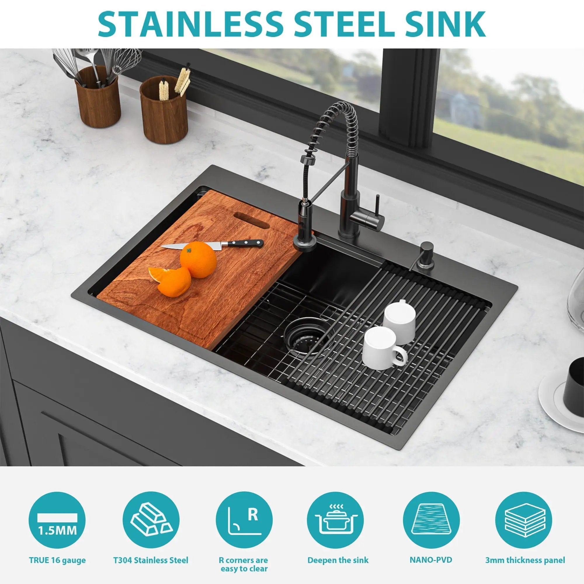 Drop In Workstation Sink Topmount Single Bowl With Pull Out Faucet And Soap Dispenser - Gunmetal Black by HouseOfZazla