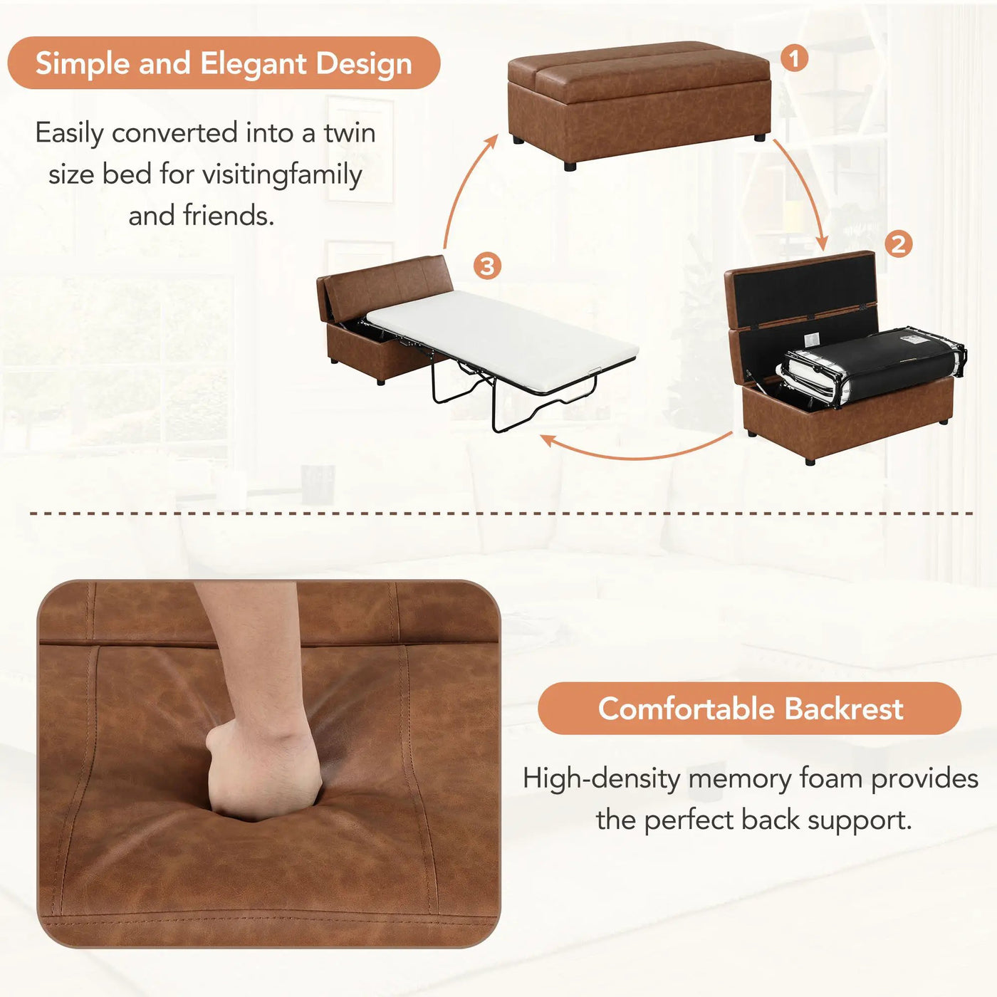 Twin Size Folding Ottoman Sleeper Bed With Mattress Convertible Guest Bed by Unique Piece Furniture
