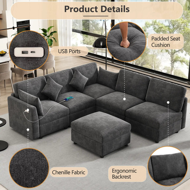 Sectional Sofa Modular U-Shaped With Ottoman & USB Ports by Unique Piece Furniture