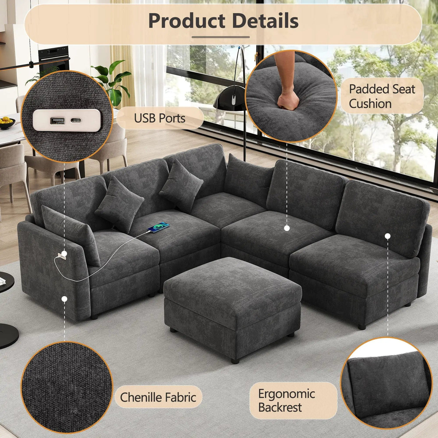 Sectional Sofa Modular U-Shaped With Ottoman & USB Ports by HouseOfZazla