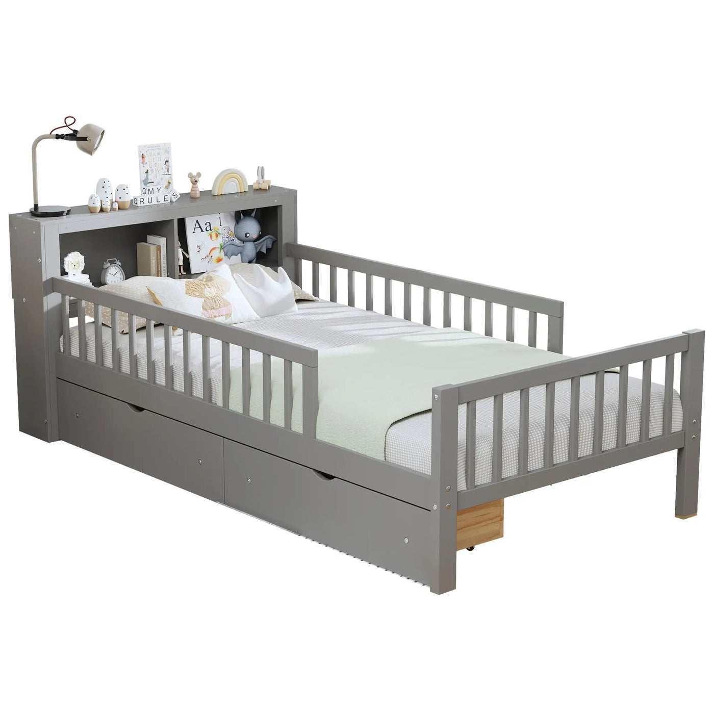 Bed With Headboard Storage Rack, 2 Under Bed Drawers, 3 Side Guardrails For Safety by HouseOfZazla