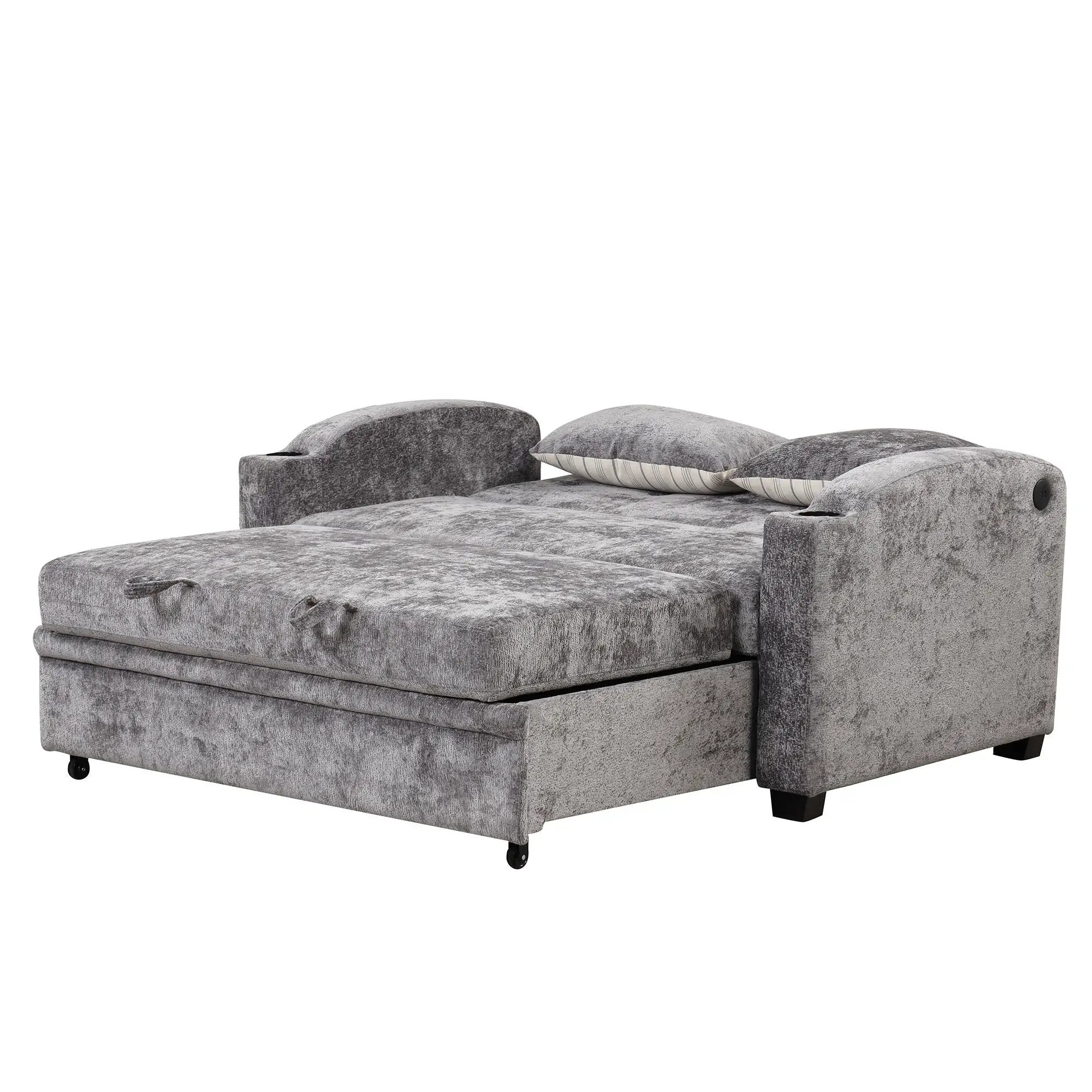 Pull Out Loveseat Sofa With Adjsutable Backrest, 2 Pillows, Cup Holders, USB Ports For Living Room by HouseOfZazla