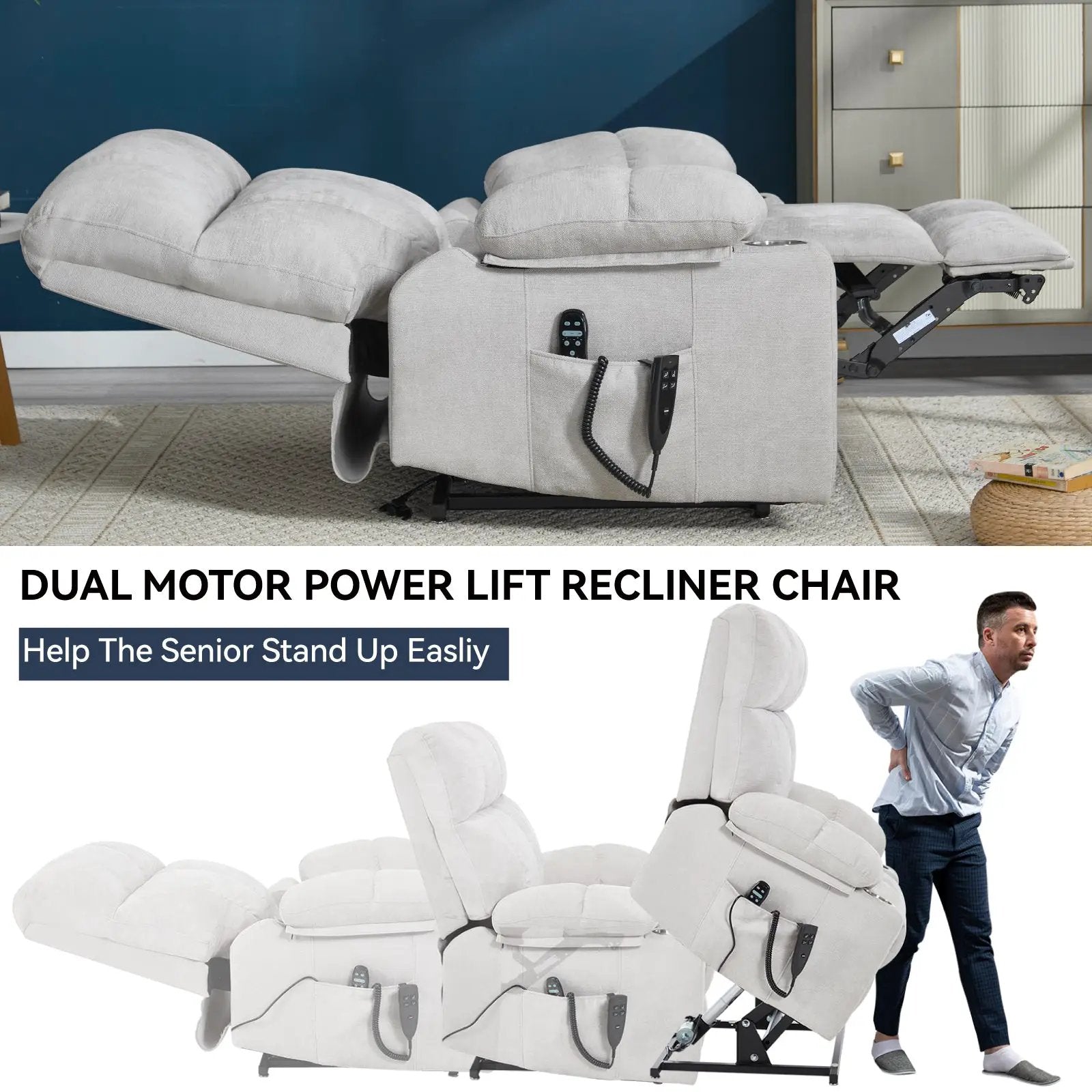 Beige Dual Motor Infinite Position Power Lift Recliner Chair by HouseOfZazla