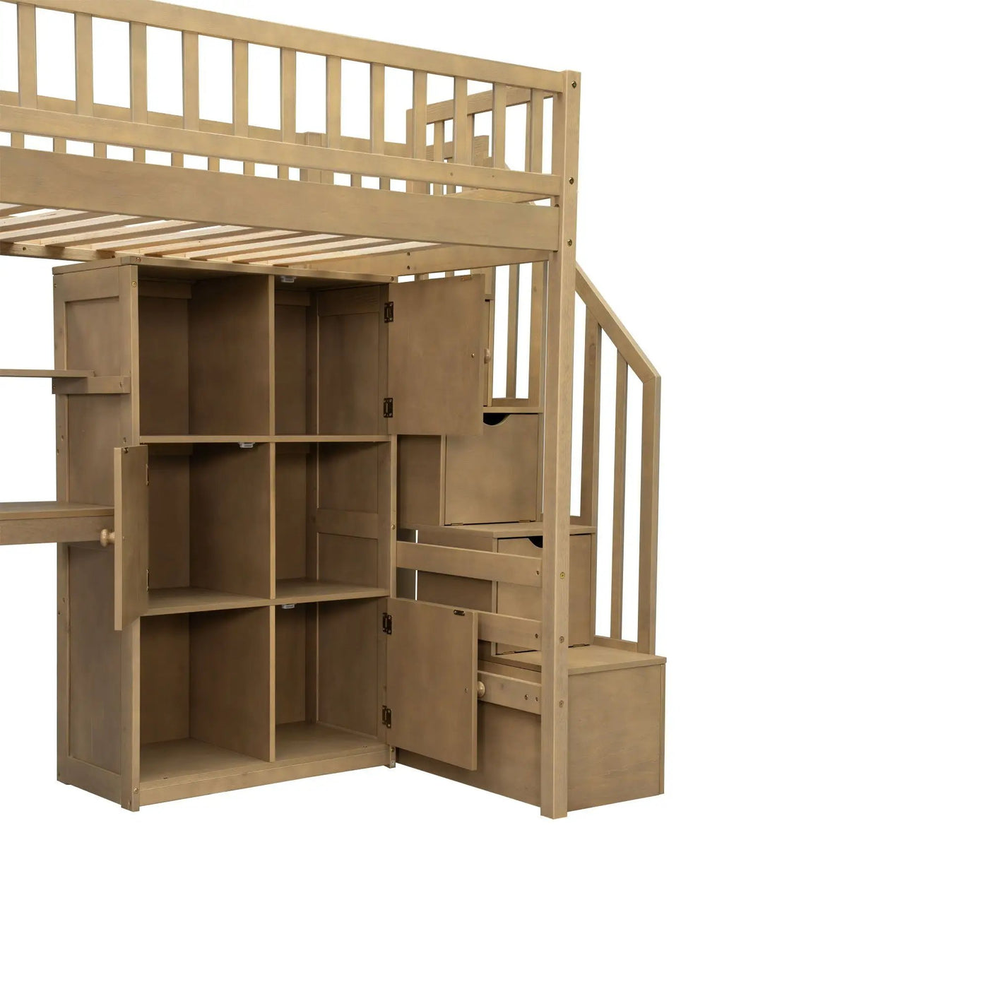 Loft Bed With Built In L Shaped Desk, LED Lights, Storage Shelves, Cabinets, And Staircase by HouseOfZazla