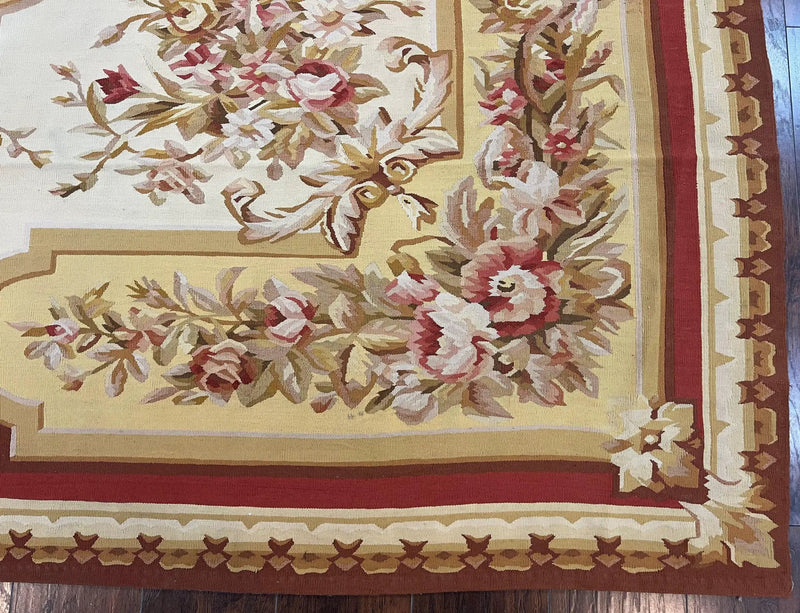 Aubusson Rug 9x12, Elegant Flatweave Savonnerie Carpet 9 x 12 ft, Ivory Light Yellow Red, Handmade Wool Flatweave French European Rug by Jewel Rugs