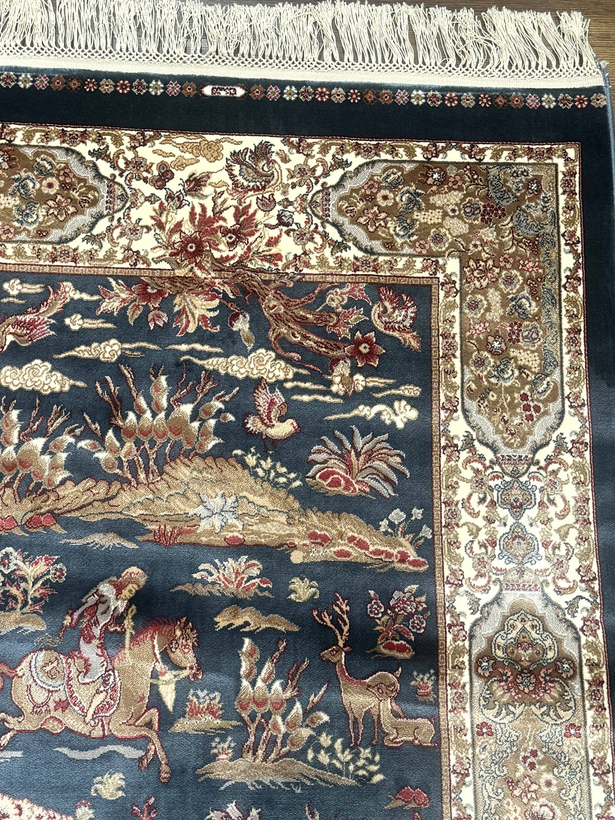 Turkish Silk Hunting Scene Rug 2.6 x 5, Dark Steel Blue & Ivory, Bamboo Silk, New by Jewel Rugs