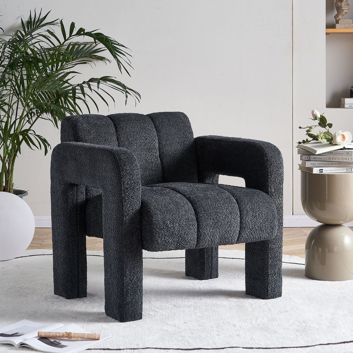 Boucle Upholstered Accent Chair with Solid Wood Frame - Beige, Dark Gray, Orange, photo 4 of 12