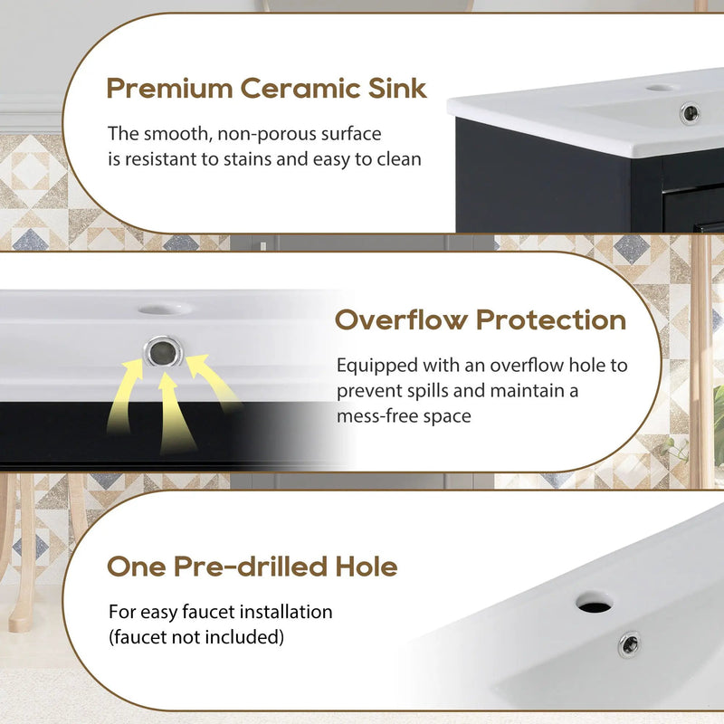 Modern Small Bathroom Vanity Cabinet With Ceramic Basin, Ample Storage, 1 Soft Close Door by HouseOfZazla