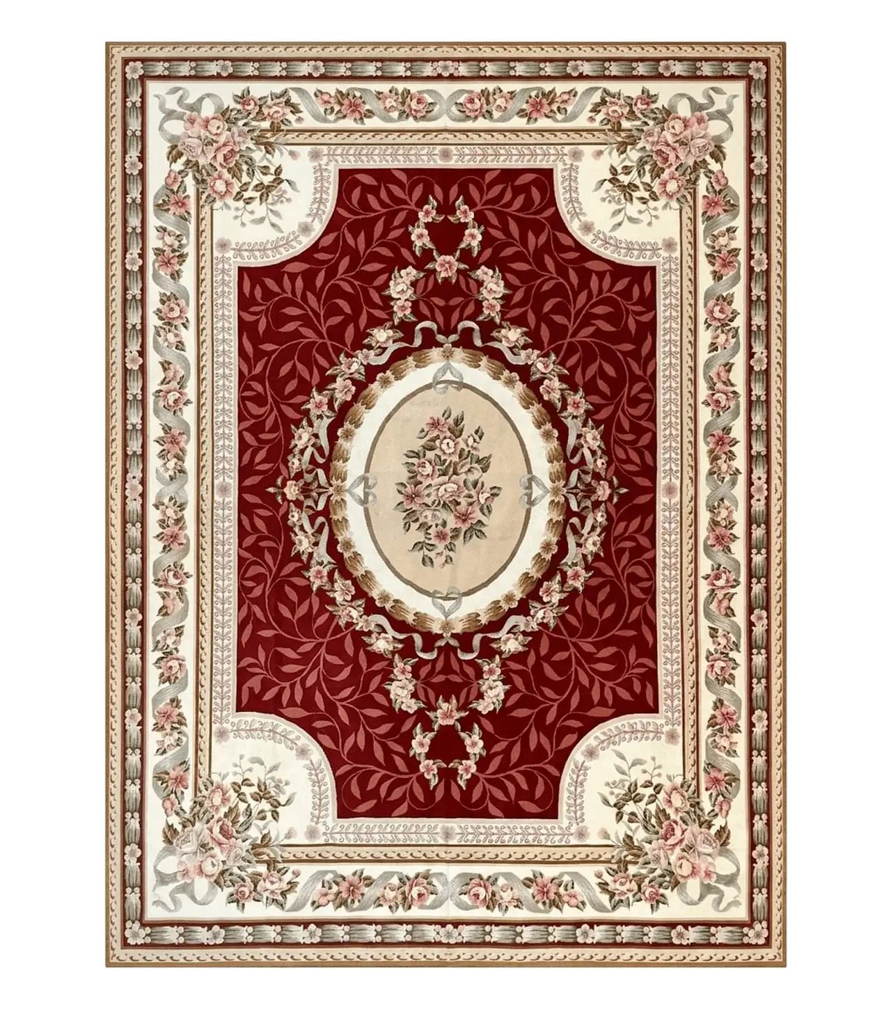Wonderful Aubusson Rug 9x12, Handmade Vintage Needlepoint Carpet, Red and Ivory, Elegant European Design, Wool by Jewel Rugs