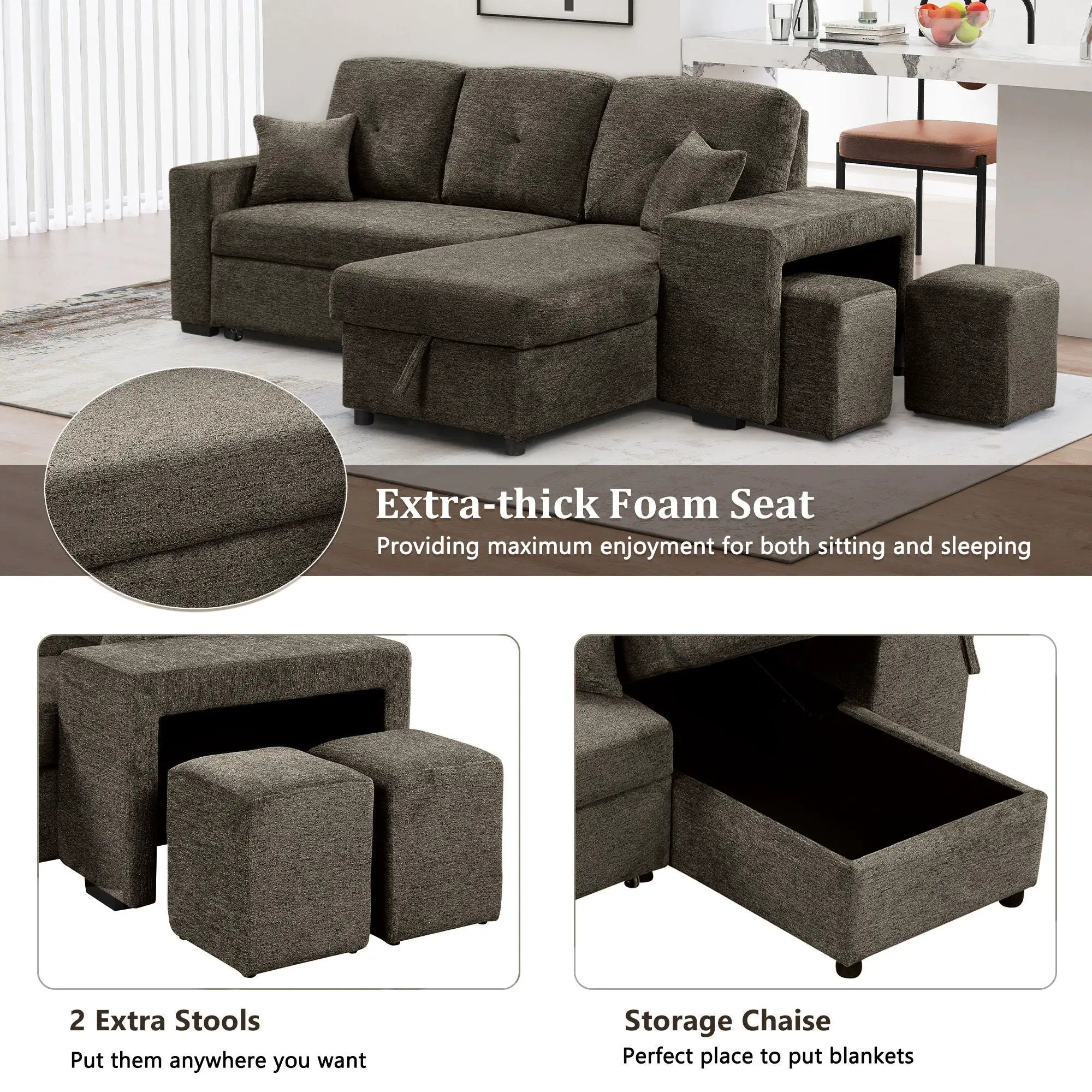 Reversible Sleeper Sectional Sofa Bed With Side Shelf And 2 Stools, Pull-Out L-Shaped Sofa Bed, Corner Sofa-Bed With Storage Chaise Left / Right Hande For Living Room by HouseOfZazla