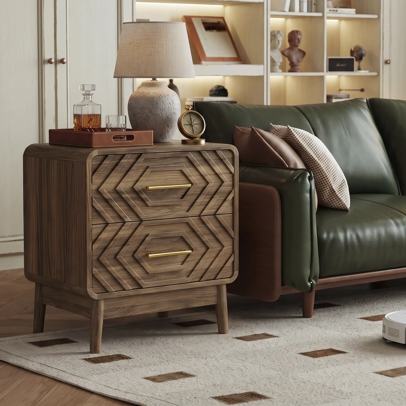 Walnut Wood Bedside Table with Double Drawers by HouseOfZazla
