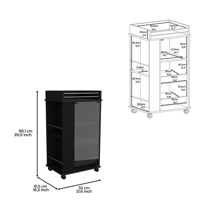 Bar Cart With Glass Door, 2 Side Shelves And Casters - Black by Unique Piece Furniture