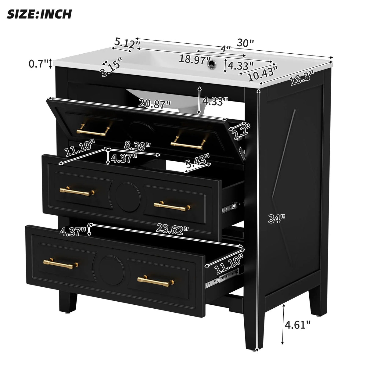 Retro Bathroom Vanity With Sink Combo, Free Standing Single Set With 3 Drawers, photo 4 of 21