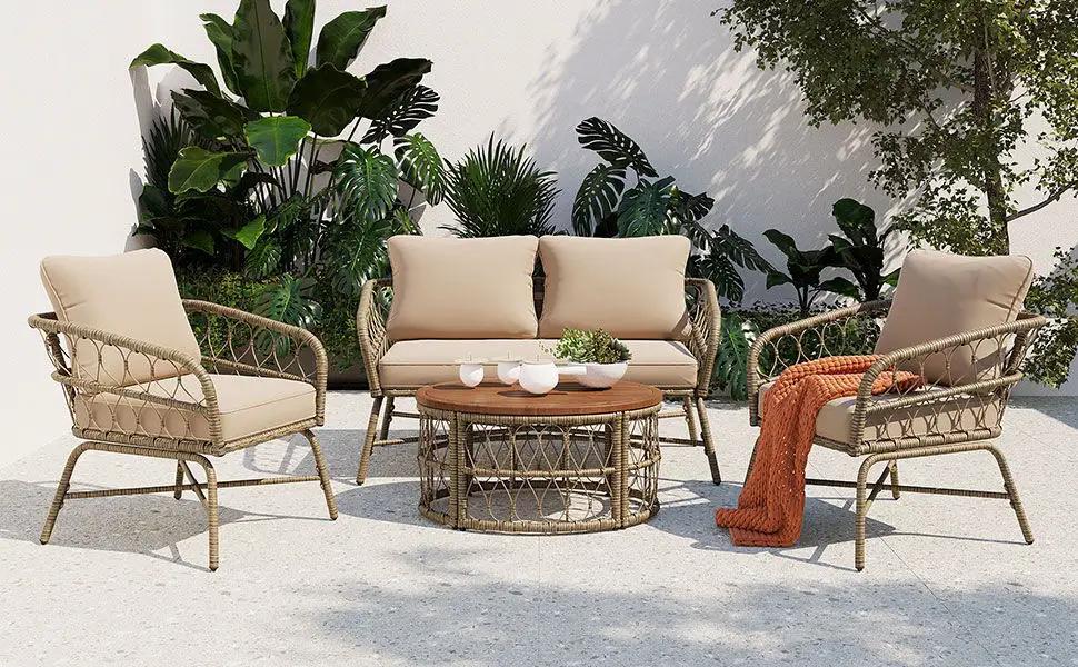 Bohemia-Inspired 4 Person Outdoor Seating Group With Removable Cushions, Conversation Patio Set With Wood Tabletop - Beige by Unique Piece Furniture