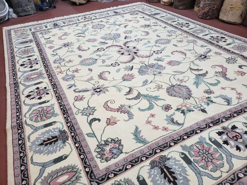 Ivory & Teal Indo Persian Area Rug 9x12, Wool Hand-Knotted Oriental Carpet, 9 x 12 Soft Traditional Living Room Rug, Dining Room Rug by Jewel Rugs