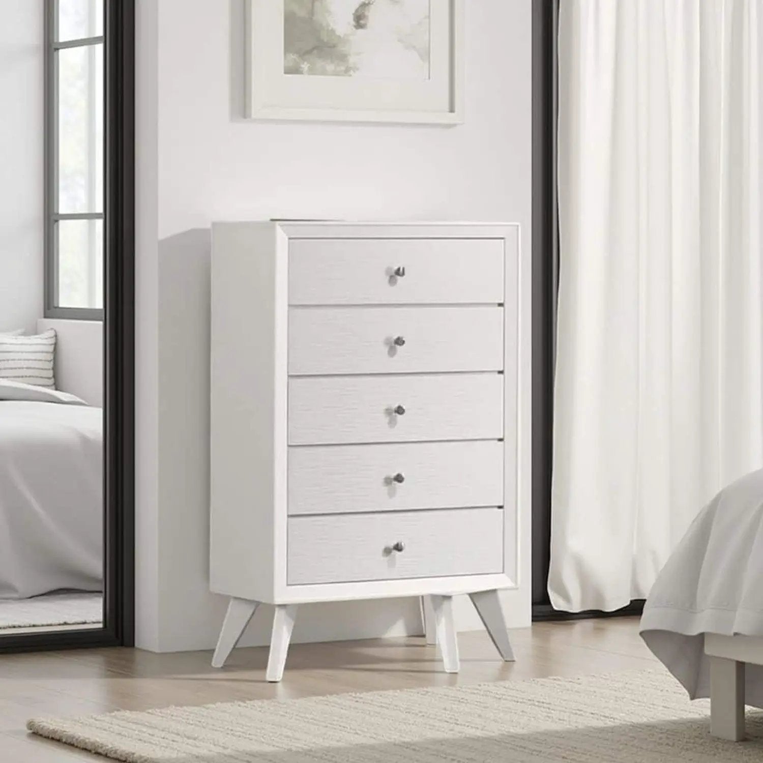 1 Piece Chest With Angled Legs, Wave Texture, Round Knobs - White by Unique Piece Furniture